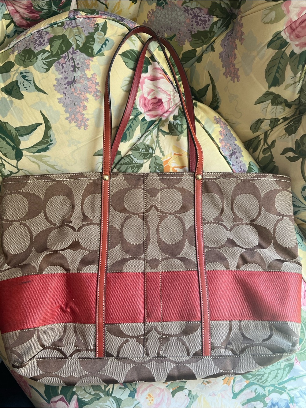 Coach Brown Signature Tote with Red Stripe and Leather Trim